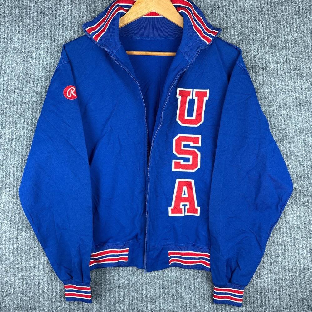 Vintage Rawlings Team USA Jacket Size 42 Blue Striped Knit‎ Trim *Zipper Flaw*